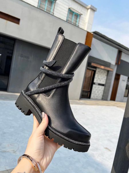 

2022 rene rhinestone snake wrapped leisure motorcycle boots women's shoes full grain face calfskin inside sheepskin 35-41 fashion, Black