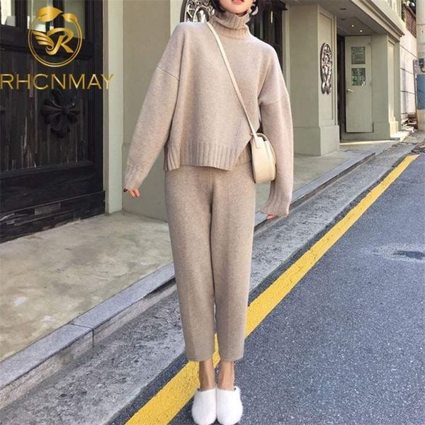 

women's two piece pants autumn winter knitted tracksuit turtleneck sweatshirts fashion women suit clothing 2 piece set knit pant female, White