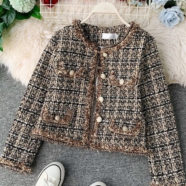 

women's jackets autumn winter vintage tweed jacket coat women small fragrance patchwork korean woollen cropped coats elegant short oute, Black;brown