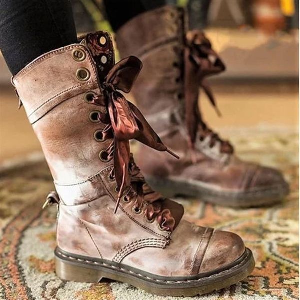 

boots women knight ethnic style round head lace up large size platform retro hiking western botas femininas de luxo 221007, Black