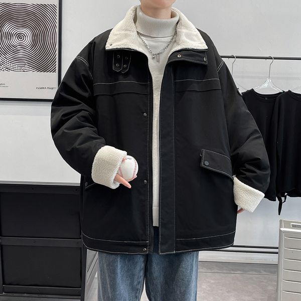 

men's leather faux leather vintage safari oversized padded cotton jacket coat winter korean outdoor travel multipocket warm puffer jack, Black