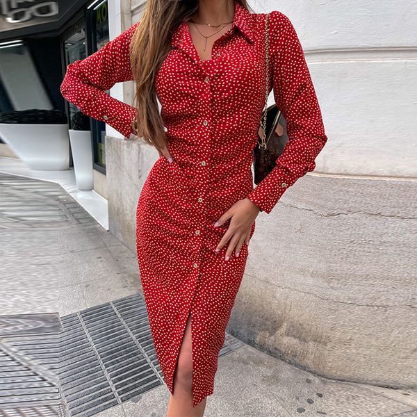 

work dresses fashion polka dot lapel shirt dress long sleeve turn down collar leisure work occupation slim midi length 221006, White;black