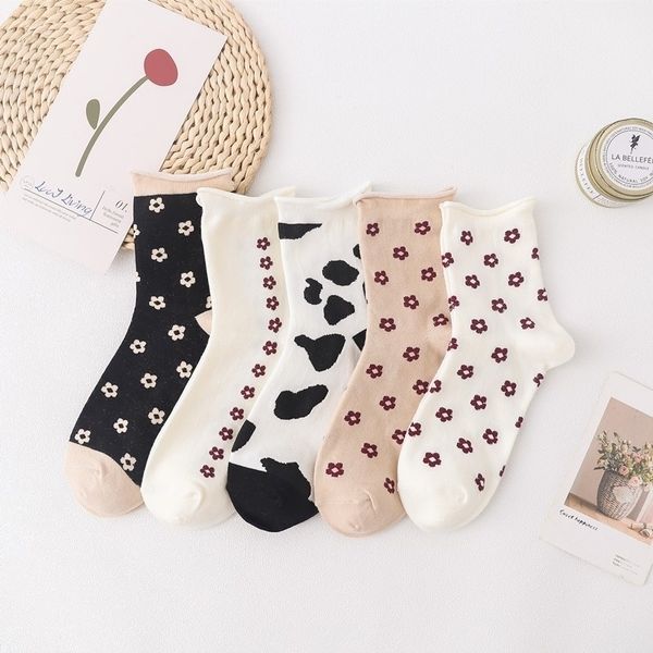 

sock four seasons curly small flower cow mid tube socks ins japanese and korean style sweet cotton wholes 221006, Pink;yellow