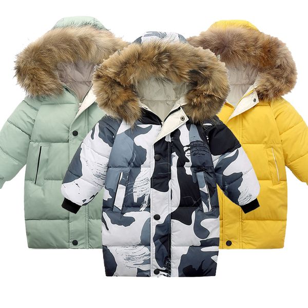 

down coat winter children's large wool collar camouflage down jacket boys and girls' medium long cotton thickened warm coat 221007, Blue;gray