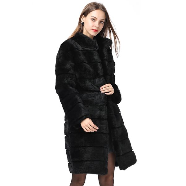 

women's fur faux winter rabbit fur coat standing collar soft warm natural women's full thick 221006, Black
