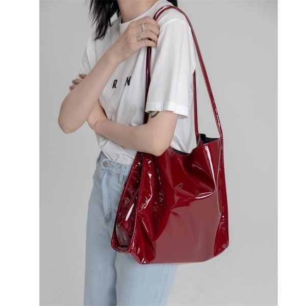 

evening bags fashion patent leather women shoulder vintage female casual tote handbags large capacity ladies shopping bag 221007