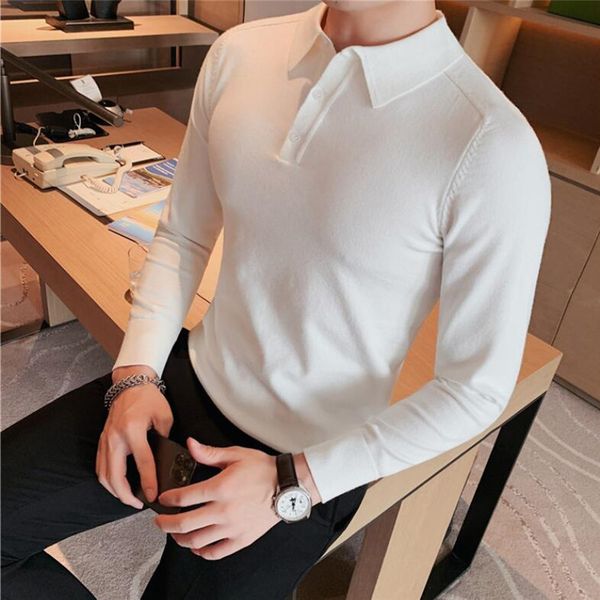 

men's polos men spring casual knitting shirtsmale slim fit fashion long sleeve polo shirts plus size s3xl 221006, White;black
