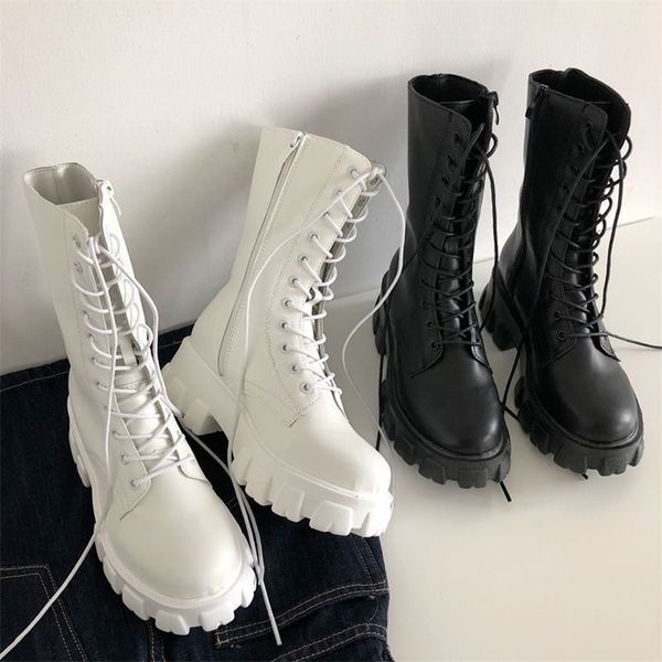 

boots women mid calf autumn winter woman fashion laceup ladies chelsea zipper botas mujer platform heel shoes 221006, Black