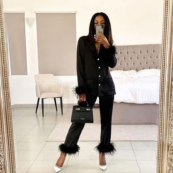 

women's two piece pants men's tracksuits two piece chic feather detail lounge suits long sleeve button up slim pants set wpmen cas, White