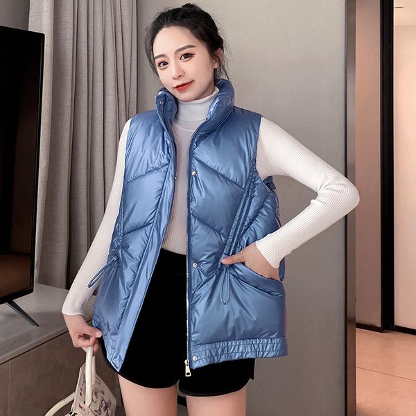 

women's vests shiny cotton autumn and winter sleeveless stand collar short light coat 221007, Black;white