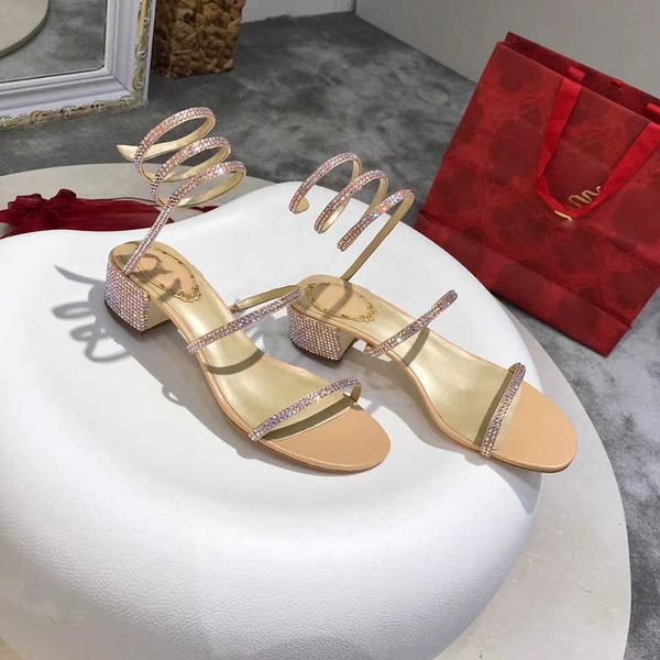 

fashion thick heel rainbow sandal crystal serpentine winding open toe strass 40mm high heel party women luxury designer rc sandals with, Black