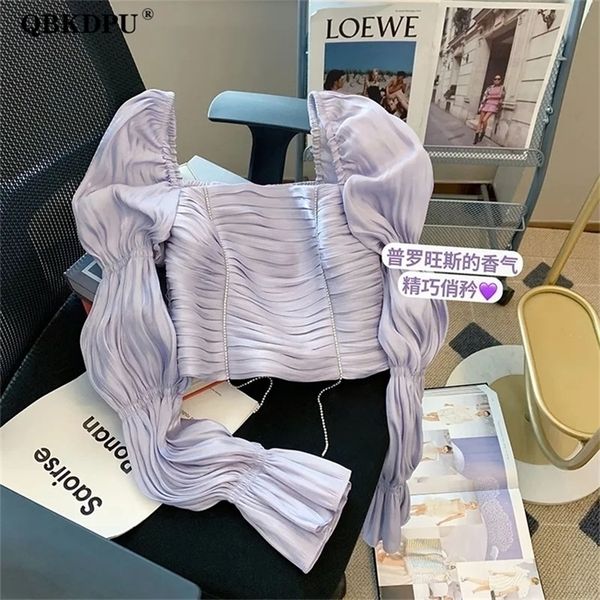 

womens blouses shirts french style purple square collar pleated blouses women elegant puff sleeve pearl chain shirts vintage chic crop blusa, White