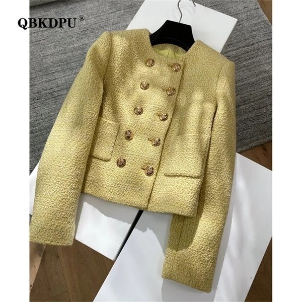 

womens jackets elegant double breasted yellow tweed jacket for women vintage o neck long sleeve cropped coat luxury designer outerwear 22100, Black;brown