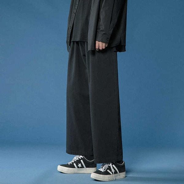 

men's pants legible casual pant men cotton baggy wide leg pants ankle length elastic waist loose straight trousers men g221007, Black