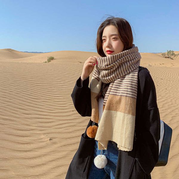

scarves 2020 new winter scarf women luxury cashmere bandana patchwork color hair foulard pompoms sun protective warm shawl g221007, Blue;gray