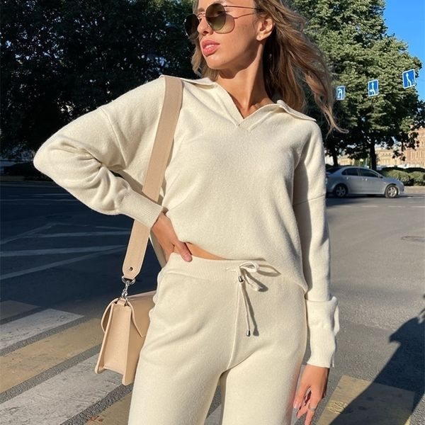 

womens two piece pants 2 pieces set women oversize tracksuit polo collar sweater pullover straight pants sweater set chic knitted outwear sw, White