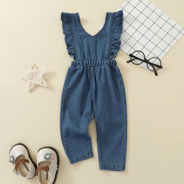 

rompers kids summer siamese pants denim solid color ruffles vneck sleeveless backless jumpsuit for girls overall j220922, Blue