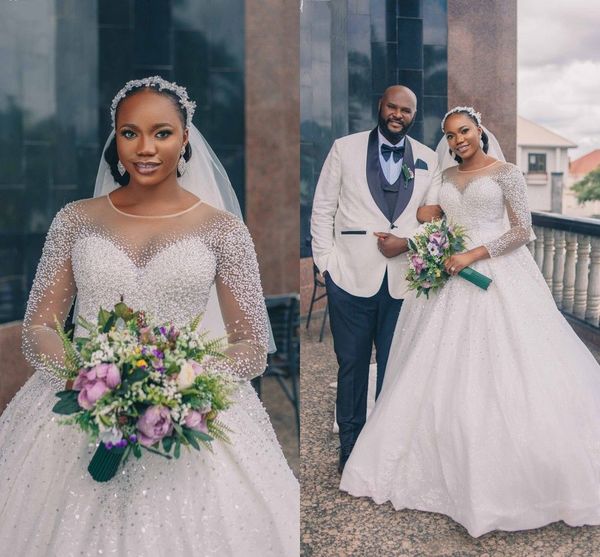 

2023 african wedding dresses bridal gown 3/4 long sleeves beaded sequins scoop neck tulle floor length backless plus size custom made vestid, White