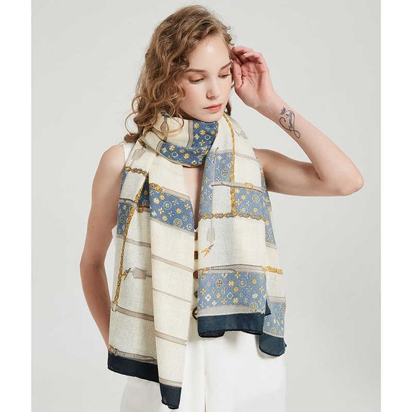 

scarves autumn new cotton and linen scarf female ins wind french retro belt long decorative thin shawl g221007, Blue;gray