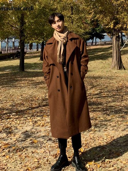 

men's fur faux fur mauroicardi autumn long loose casual caramel black soft warm woolen trench coat men sashes double breasted korean fa