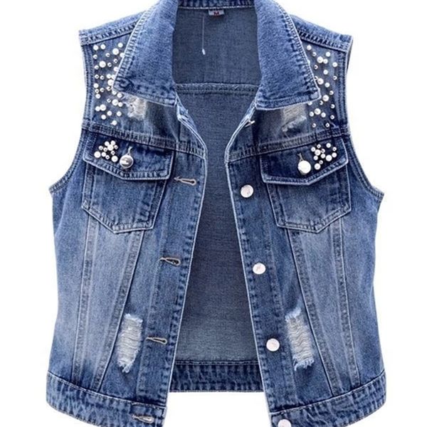 

women's vests jmprs denim women vest luxury pearls fashion ripped autumn jeans jacket sleeveless loose short coat causal waistcoats 5xl, Black;white