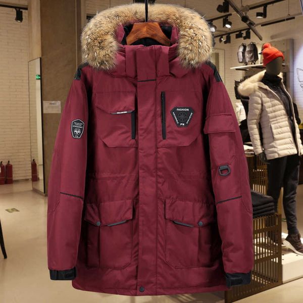 

men's down parkas thicken men's down jacket with big real fur collar warm parka -30 degrees men casual waterproof down winter coat, Black