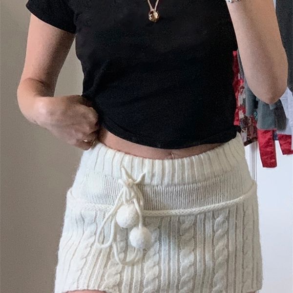 

skirts rapcopter y2k knitted mini lace up fur cute sweet pencil twist skinny low waisted short women autumn chic 221008, Black