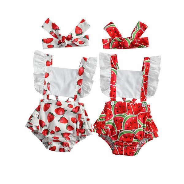 

rompers 2021 newborn baby girls clothes romper headband 2 piece watermelon strawberry print backless ruffles short sleeve jumpsuits j220922, Blue