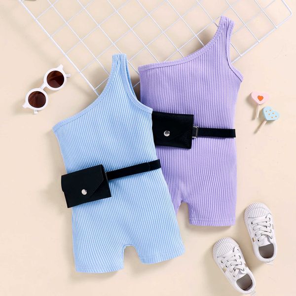 

rompers 16y fashion girls summer jumpsuits with waist pack sleeveless one shoulder solid color ribbed elastic playsuits shorts j220922, Blue