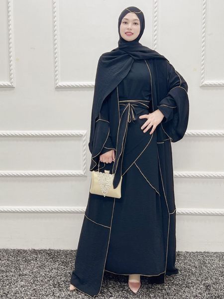 

ethnic clothing djellaba muslim dress 3 pieces line trim suits elegant long islamic women modest wear eid sets wy908 221007, Red