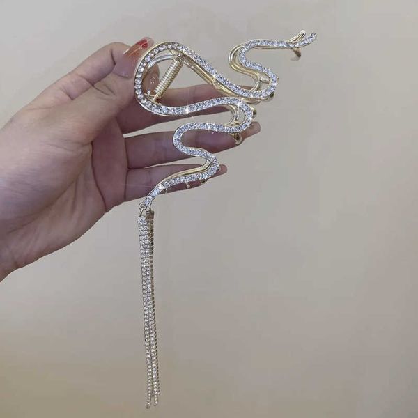 

flash drill s-shaped tassel chain large grab clip light luxury rhinestone hairpin new shark clip back head, Golden;silver