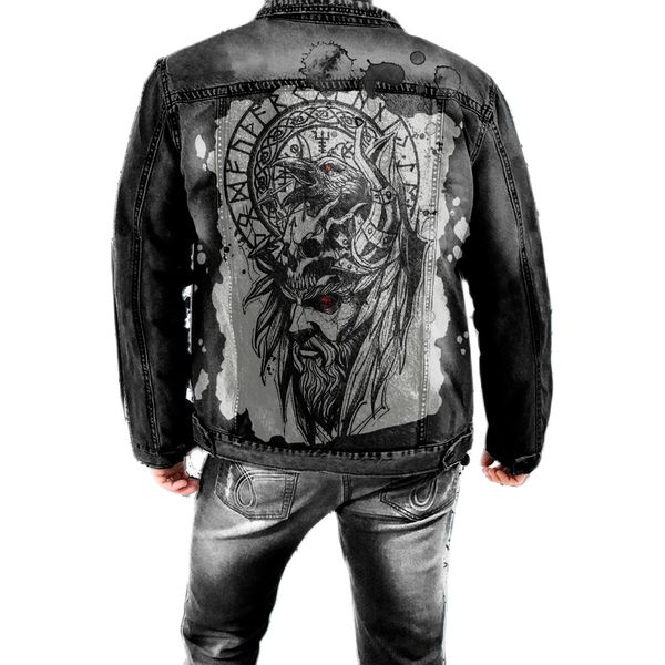 

men's autumn winter new long sleeve lapel denim jacket street personality beijing people retro elements printed pattern wash coat, Black;brown