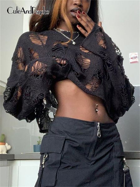 

women's knits tees cuteandpsycho hollow out y2k loose knit smock pullovers fashion chic oversized cute vintage fairycore ripped grunge, White