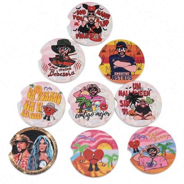 

shoe parts accessories customized printing round square shape coffee drinks bad bunny karol g ceramic tile coasters for sublimation, White;pink