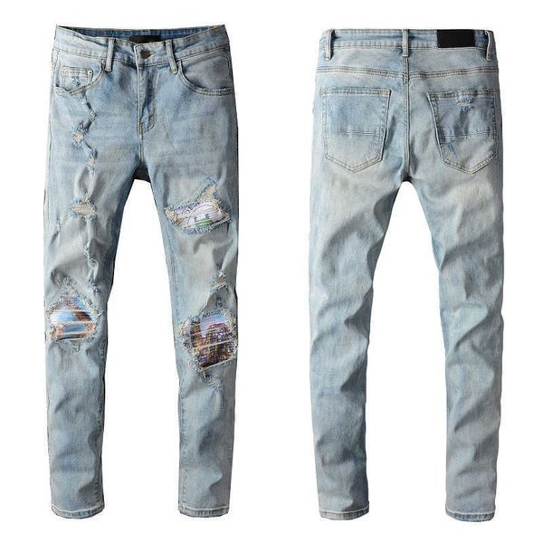

2022 men europe america jeans vintage print jeans blue black designer mans slim denim straight biker skinny pant mens ripped streets