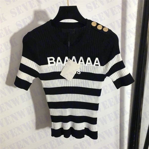 

womens striped knits t shirts sweaters with shoulder buckle fashion letter print knitting pullover short sleeve tees, White