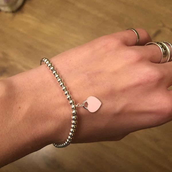 

100% sterling silver beaded heart tag strands charm bracelet for women fashion 4mm t beads femme gift woman female love blue designer jewelr, Black