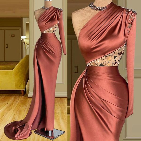 

fashion one shoulder evening dress mermaid women long sleeves prom gown beads elegant party gown split robes de soiree, Black;red