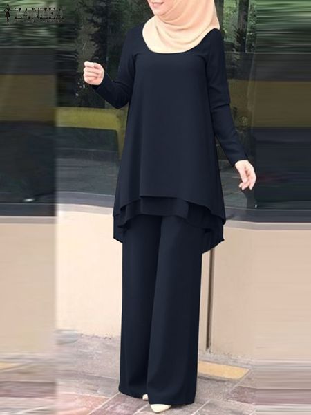 

ethnic clothing fashion muslim set asymmetrical blouses wide leg pants zanzea long sleeve layered female turkish matching 221007, Red