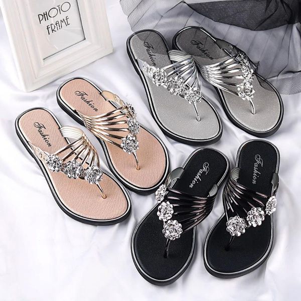 

summer rhinestone beach slippers women sandals non-slip slippers outdoor wild soft surface flat bottom, Black