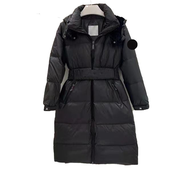 

designer womens down and parkas medium long belt letter embroidery waistband slim slim stand collar removable hat thickened warm jacket, Black