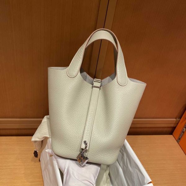 

designer herme bag women's large fashion classic original tc leather fully hand sewn vegetable basket 18cm pearl grey silver bu le lady