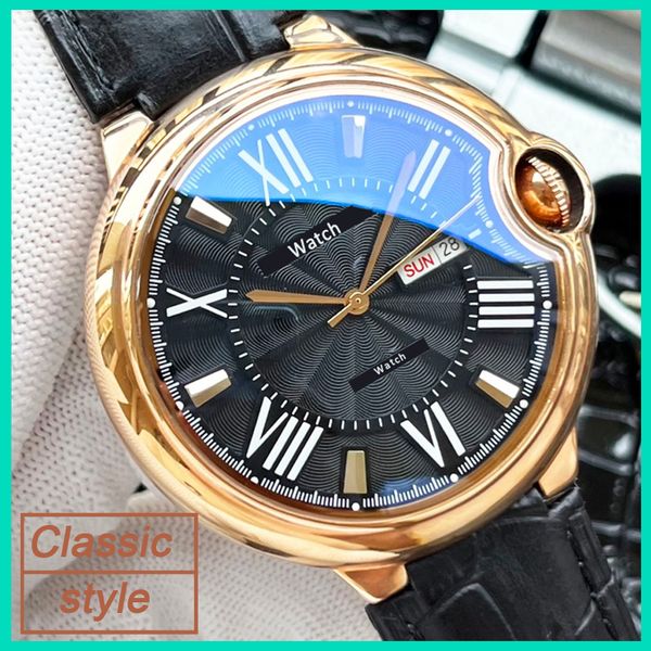 

2022 fashion new pattern 3-needle double calendar day-date 43mm luxury men's automatic mechanical movement watch italian calfskin/316l, Slivery;brown