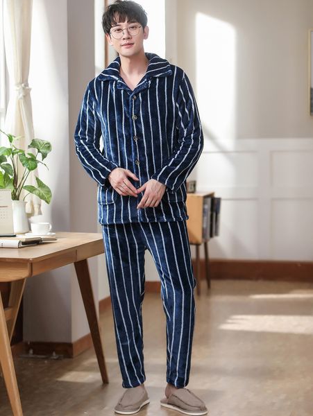 

men's sleepwear winter thicken flannel pajamas sets male long sleeve plus size pijama homewear teenager casual pyjamas 221007, Black;brown