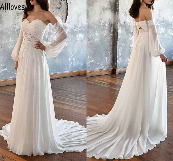 

summer beach chiffon a line wedding dresses with removable sleeves lace sweetheart pleats boho garden bridal gowns long train simple robes d, White