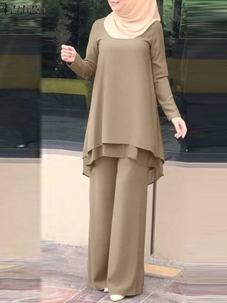

ethnic clothing zanzea women two piece sets outifits fashion urban tracksuit muslim long sleeve blouse pant casual solid matching 2pcs 22100, Red