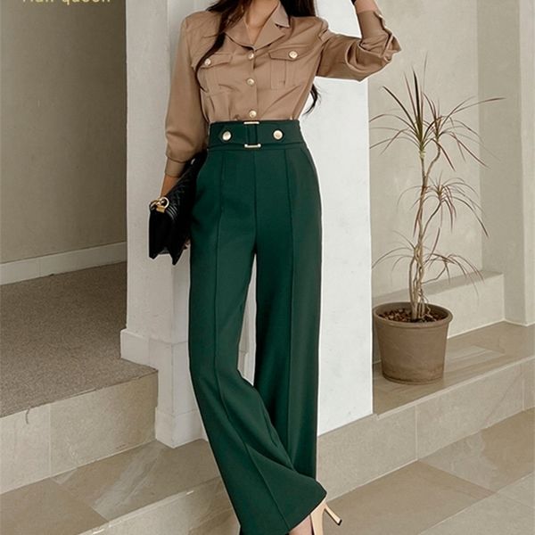 

womens two piece pants h han queen autumn occupation 2piece suits women elegant long sleeve shirts simple high waist pants korean casual set, White