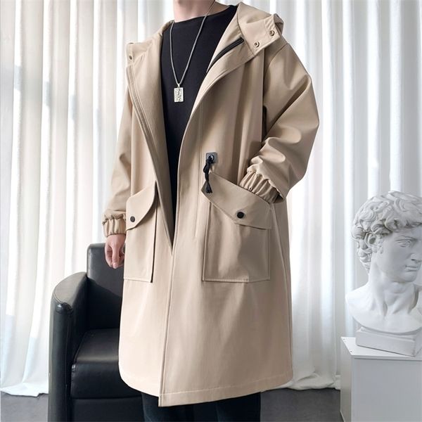 

men s trench coats streetwear long men s jacket spring autumn casual windbreaker man trench coat fashion hooded 221007, Tan;black