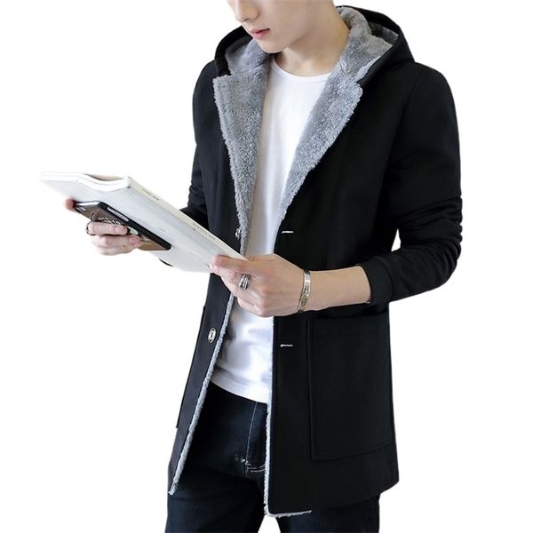 

men s trench coats men s fashion warm hoodie jacket winter men plus velvet thickening slim fit wool overcoat 221007, Tan;black