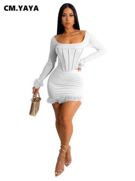 

two piece dress cmyaya women fur hem bodycon midi mini skirt suit and long sleeve crochet crop female vintage chic two 2 piece set outfit j2, White